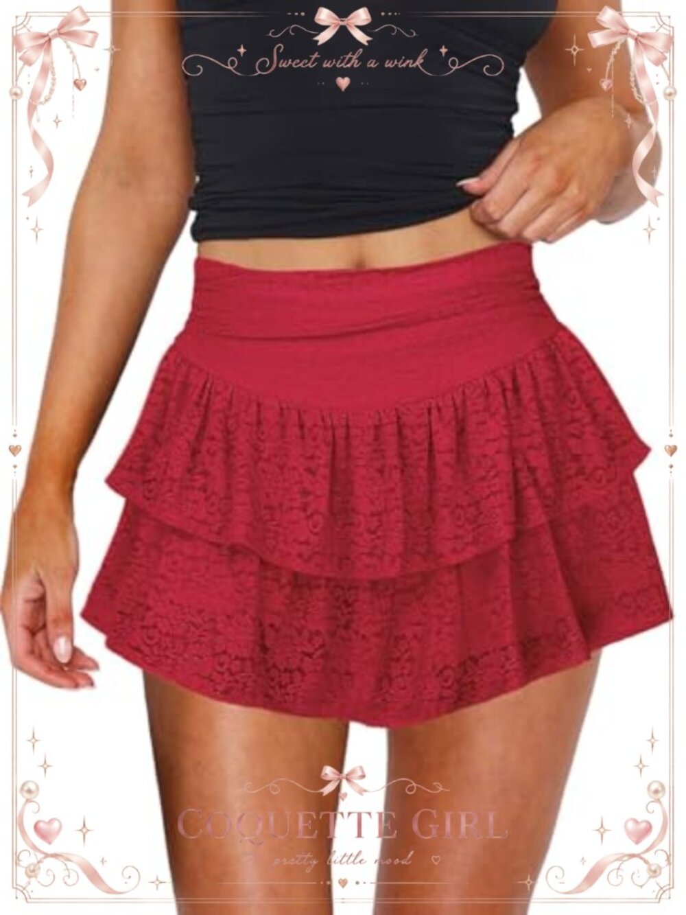 Lace Mini Skort Ruffle Pleated Flowy A-Line High Waist Party Club Skirt